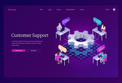 Customer support isometric landing page. Hotline operators help line service, call center receptionists or telemarketers with headset and pc working on assist clients online, 3d vector web banner