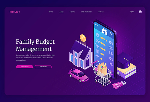 Family budget management isometric landing page. Mobile phone application for financial planning, money income and expenses analytic. Mobile, trolley, car, house and education 3d vector web banner