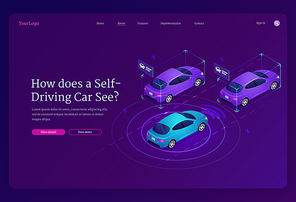 Self driving car isometric landing page. Autonomous vehicle with scanner and radar technologies, automatic transportation system, futuristic smart driverless automobiles on road 3d vector web banner