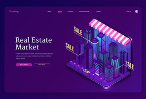 Real estate market banner. Online service for search house and apartments for sale or rent. Vector landing page with isometric city buildings and skyscrapers on laptop screen