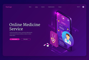 Online medicine service banner. Virtual medical consultation with doctor on mobile phone. Vector landing page of digital healthcare help with isometric smartphone, chat with physician, pills and drugs