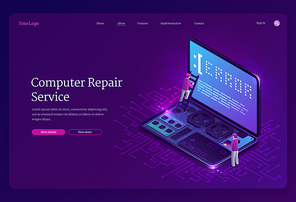 Computer repair service isometric landing page, tiny workers with ladder climb at huge laptop with error notification on screen, pc fixing, broken electronics device maintenance 3d vector web banner
