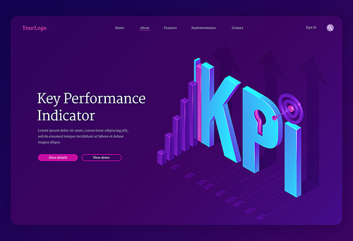 Key performance indicators banner. Concept of measurement success of company strategy, implement objectives, optimization and development quality. Vector landing page of KPI