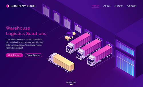 Warehouse logistics solutions isometric landing page, truck delivery service, transportation process, global shipping distribution, goods export import over the world 3d vector illustration web banner