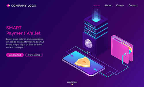 Smart payment wallet isometric landing page, purse and safe connected with smartphone with golden shield on screen, secure money online transaction, nfc technology 3d vector illustration ,web banner