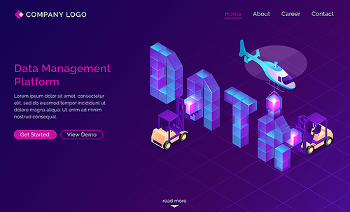 DMP, Data management platform isometric landing page. Collecting and managing businesses information to identify audience segments. Helicopter and forklifts building info blocks 3d vector web banner