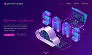 Saas, software as a service isometric landing page. Technology for using digital computer programs via internet access and subscription system. Laptop connected with cloud storage 3d vector web banner