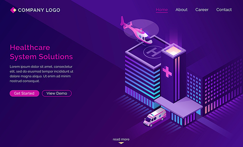 Healthcare system solutions isometric landing page. Helicopter landing on hospital roof, ambulance driving. Medicine technologies, clinic health care infrastructure development 3d vector web banner