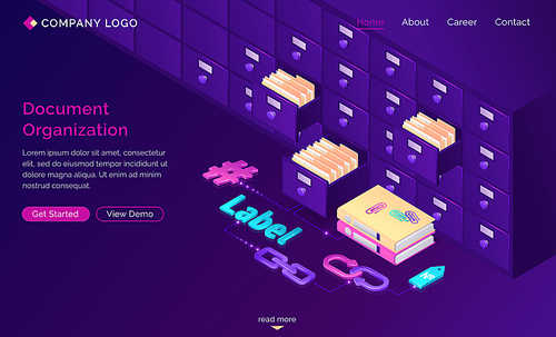 Work with documents organization isometric landing page, office cabinet with drawers, files, hashtags, folders, label, bidirectional links. Business administration, data storage, 3d vector web banner