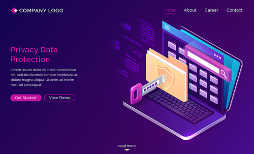 Privacy data protection banner. GDPR concept. Vector landing page of digital security of personal data, safety confidential information with isometric laptop with lock on folder, shield and key