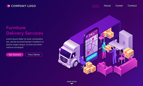 Furniture delivery services banner. 24 7 online mobile order shipping furniture or relocation. Vector isometric truck, sofa, boxes, porter and smartphone with application for tracking with map