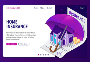 Property insurance isometric landing page. Real estate building stand under huge umbrella on signed policy document with money coins. Home accident protection service 3d vector illustration web banner