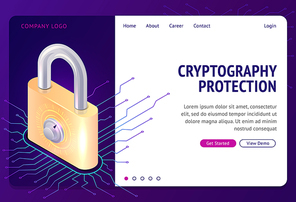 Cryptography protection, vector web banner isometric concept. Large lock with combination lock and electronic digital connections, Internet security from cybercrime, safety, landing website page
