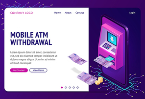 Mobile atm withdrawal isometric concept vector banner. Banking technology, financial apps, cache machine on smartphone screen, credit card and cash money, connection lines on ultraviolet background