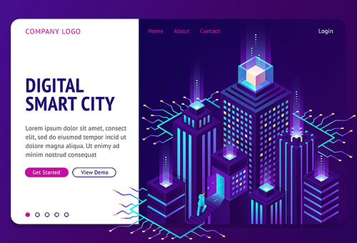 Digital smart city isometric landing page. Businessman going upstairs to open door in neon glowing intelligent building with microcircuit elements. Iot technology 3d vector illustration, web banner