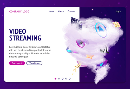 Video streaming isometric landing page, movie and cinema industry attributes flying in huge thunderstorm funnel on night starry sky background. Internet film service 3d vector illustration, web banner