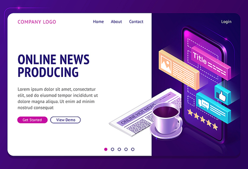 Online news producing isometric landing page. Coffee cup stand near newspaper and smartphone with informational icons on screen. Worldwide social media business, 3d vector illustration, web banner