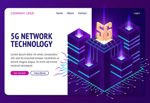 5g network technology isometric landing page. Wireless mobile telecommunication new generation cell service. Smartphone internet speed connection background 3d vector illustration, web banner template