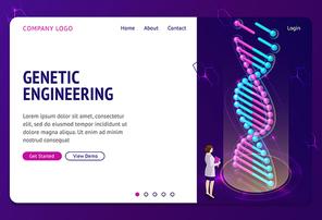 Genetic engineering isometric landing page, woman scientist in white robe with folder stand near huge dna hologram projection on ski-fi glowing podium, neon futuristic background, 3d vector web banner
