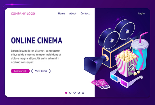 Online cinema isometric landing page, internet app for movie watching, popcorn, camera or film projector, 3d glasses, tickets and soda drink cup on neon background. Vector illustration, web banner