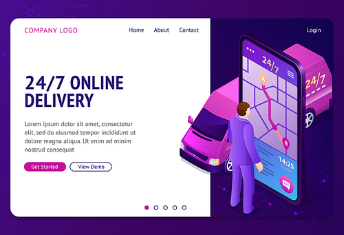 24 7 online delivery banner. Mobile service for order shipping furniture or relocation. Vector isometric truck, man and smartphone with application for tracking with map