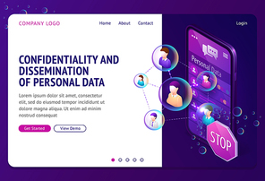 Personal data protection isometric landing page. Internet social networks media cyber privacy, protect confidential information. Smartphone screen with connected human profiles, 3d vector web banner