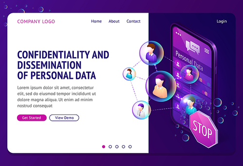 Personal data protection isometric landing page. Internet social networks media cyber privacy, protect confidential information. Smartphone screen with connected human profiles, 3d vector web banner