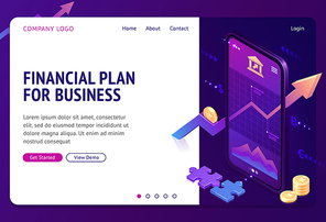 Financial plan isometric landing page. Mobile phone application with growing bonds investment graphic or chart. Business marketing company strategy and planning, finance analytic, 3d vector web banner