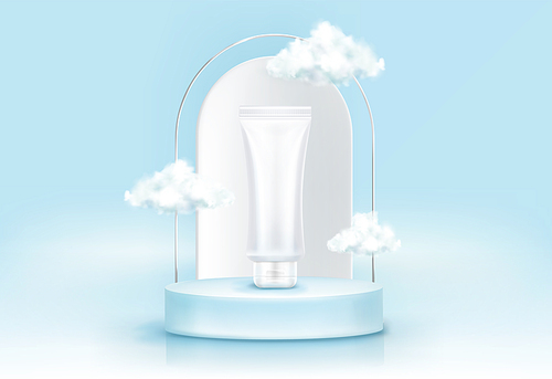 White cosmetic tube on round podium with arch and fluffy clouds on blue background. Vector realistic mockup of blank plastic package for makeup, skincare or beauty product on platform