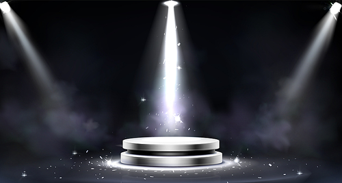 Round podium with smoke effect, spotlight illumination and light sparkles, empty stage for award ceremony, product presentation or fashion show performance, pedestal, Realistic 3d vector illustration