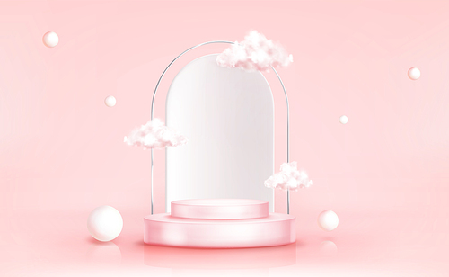 Podium with clouds, abstract background with geometric spheres, empty cylindrical stage for award ceremony or product presentation platform, pedestal on pink backdrop, Realistic 3d vector concept