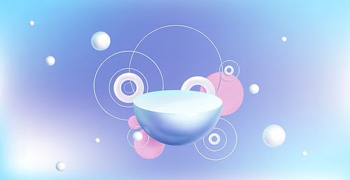 Abstract background with 3d geometric shapes on blue backdrop, pearls, hemisphere, pink and white cylinders or circles with silver rings, Realistic vector banner for presentation or ads promotion