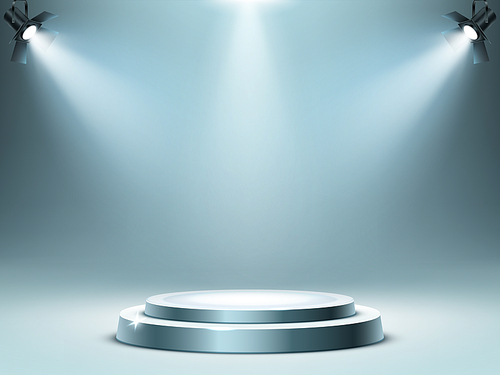 Round podium or stage in rays of spotlights, realistic vector illustration. Pedestal for winner or award ceremony, empty platform for presentation, performance or show at night club, soon coming