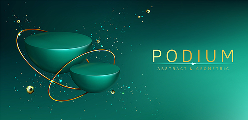 Podium, abstract geometric empty hemisphere stage for award ceremony, product presentation platform, pedestal with golden rings and pearls on green background with sparkles, Realistic 3d vector banner