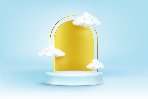 Round podium with golden arch and white clouds on blue background. Vector realistic mockup of circular platform, empty pedestal for display product or exhibition