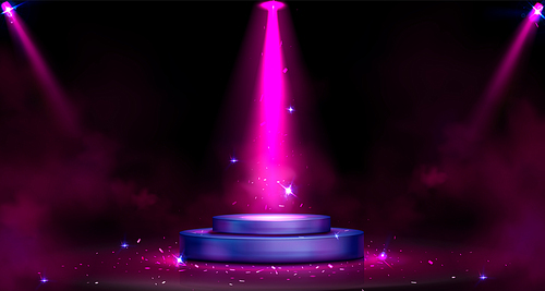 Round podium with spotlight illumination, smoke and sparks. Empty stage for award ceremony, product presentation, fashion show performance pedestal with pink beams, Realistic 3d vector illustration