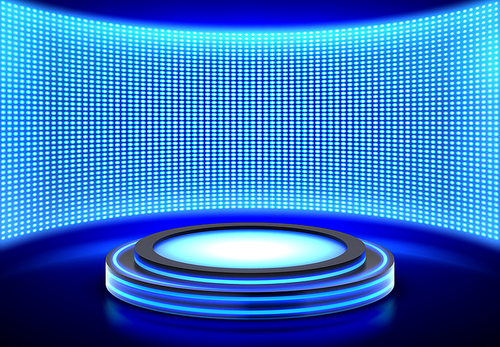Neon podium, empty stage at LED video wall screen, pedestal for product presentation or fashion show performance, dance floor, glowing illuminated blue round scene, Realistic 3d vector illustration