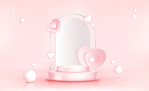 Podium with hearts, abstract pink background with scattered spheres, empty cylindrical stage for award ceremony or product presentation platform, pedestal for Valentines day promo Realistic 3d vector