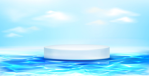 White round podium floating on blue water surface. Vector realistic 3d mockup of circle platform, empty pedestal for display product. Template of empty 3d stand on background of sea and sky