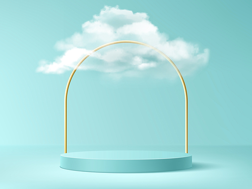 Podium with clouds and gold arch, abstract background with empty cylindrical stage for award ceremony, product presentation platform, pedestal on turquoise sky backdrop, Realistic 3d vector concept