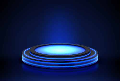 Neon podium. Empty stage for product presentation or fashion show performance, pedestal in nightclub dance floor glowing in darkness illuminated blue round scene, Realistic 3d vector illustration