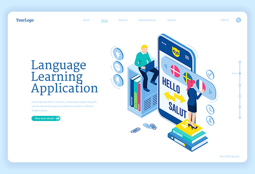 Language learning application banner. Digital online education service, mobile app for training foreign languages. Vector landing page with isometric people studying with smartphone and laptop