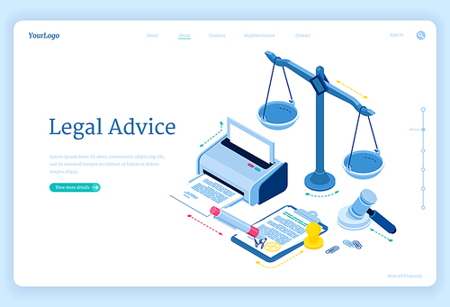 Legal advice isometric landing page. Lawyer assistance for regulation legal issues and compliance to rules. Advocate attorney service, 3d vector web banner with scales, printer, gavel and documents
