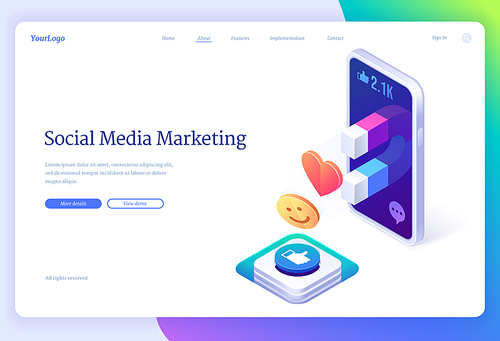 Social media marketing banner. Concept of business strategy for advertising campaign with digital content in network. Vector landing page with isometric smartphone with magnet that attract likes