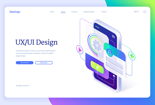 Ui and ux design, user experience, isometric landing page, mobile phone with application layouts, smartphone app interface development, gadget software design projection concept, 3d vector web banner