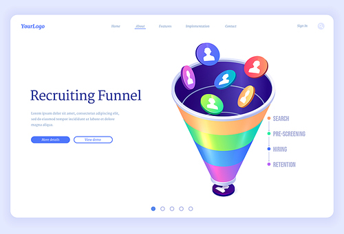 Recruiting funnel banner. Concept of organization hiring process, search and selection staff and employees to business. Vector landing page of recruitment system by few steps