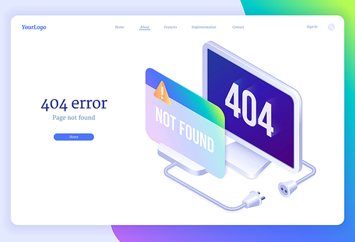 404 error isometric landing web banner, website maintenance, page not found concept with disconnected plug and socket wires. Lost internet connection warning message, server crash 3d vector background