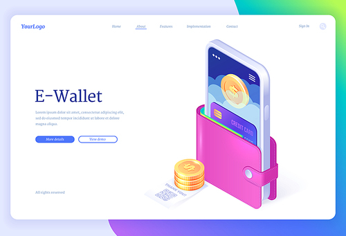 E-wallet isometric landing page, smartphone and credit card in purse with coins and bill with qr code. Cashless payment app, secure money online transaction, nfc technology 3d vector web banner