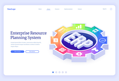 ERP, enterprise resource planning isometric landing page. Productivity and improvement system development, business integration, strategy, office icons on huge cogwheel or gear 3d vector web banner