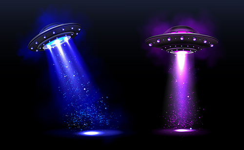 3d UFO, vector alien space ships with blue and purple light beams with sparkles. Saucers with illumination and bright ray for human abduction, unidentified flying objects Realistic vector illustration